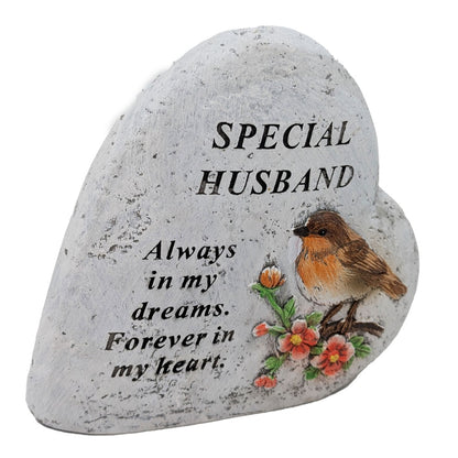 Special Husband Memorial Heart ? Robin & Floral Stone?Effect Graveside Ornament | Tribute Plaque