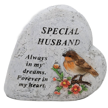 Special Husband Memorial Heart ? Robin & Floral Stone?Effect Graveside Ornament | Tribute Plaque