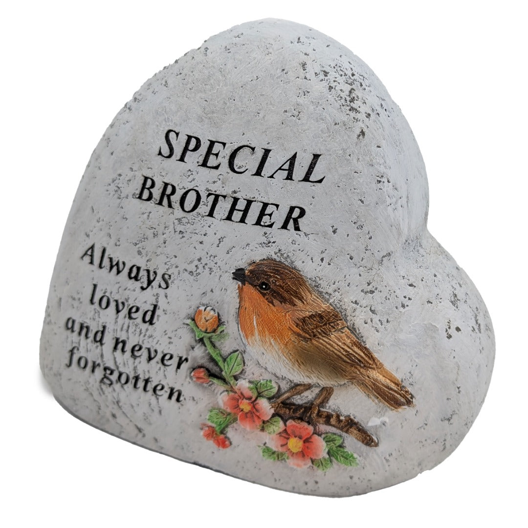 Special Brother Memorial Heart ? Robin & Floral Stone?Effect Graveside Ornament | Tribute Plaque