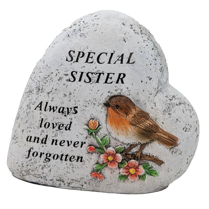 Special Sister Memorial Heart ? Robin & Floral Stone?Effect Graveside Ornament | Tribute Plaque
