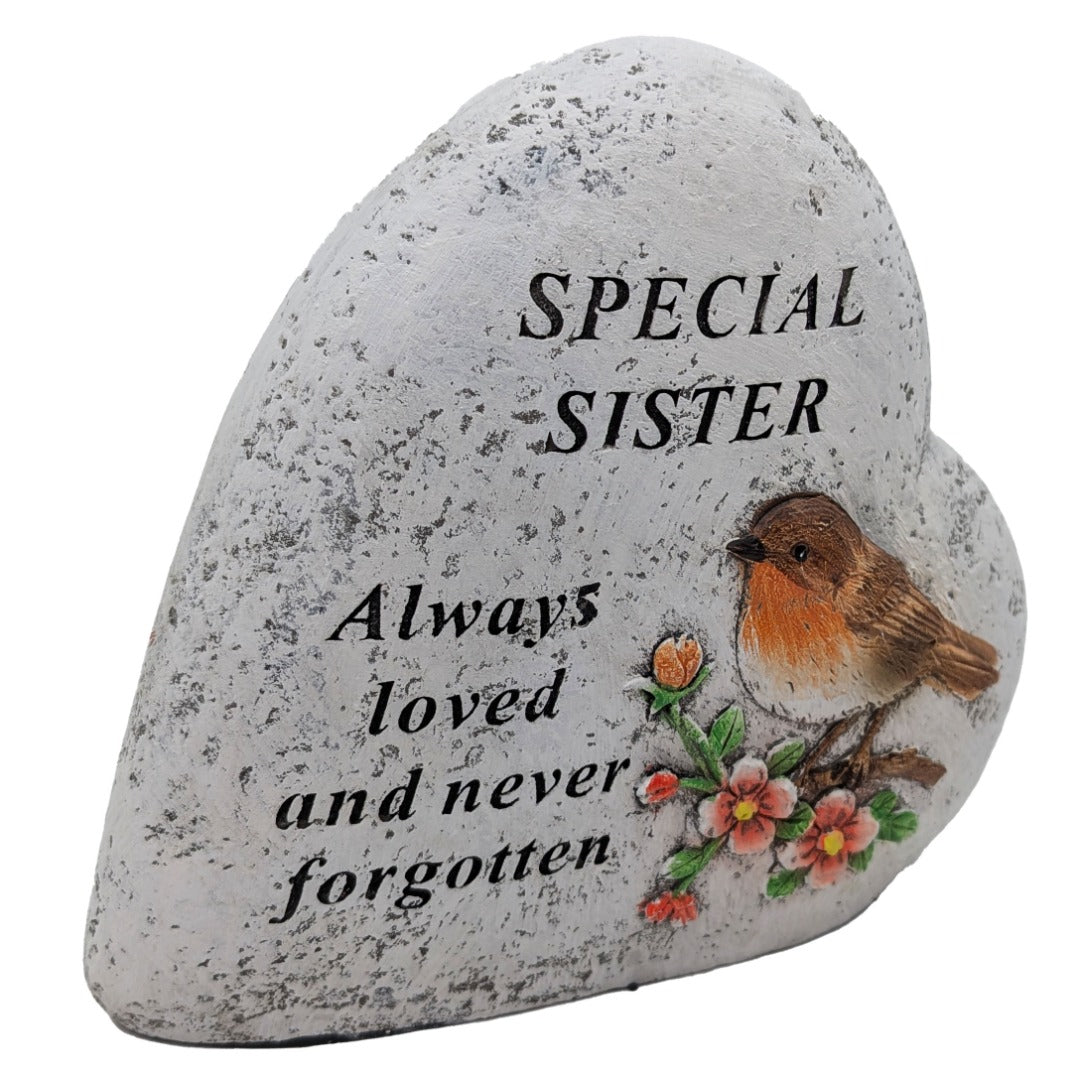 Special Sister Memorial Heart ? Robin & Floral Stone?Effect Graveside Ornament | Tribute Plaque
