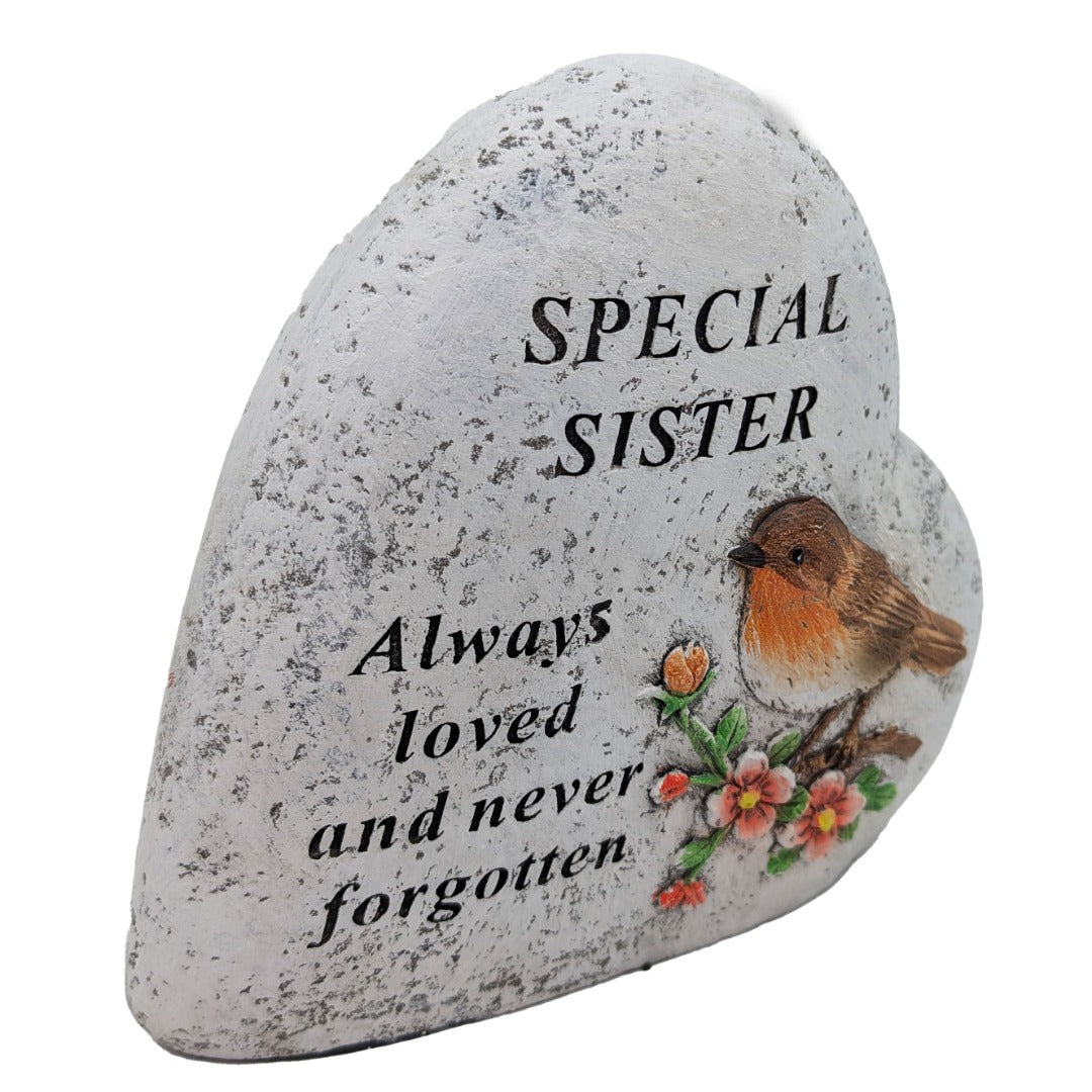 Special Sister Memorial Heart ? Robin & Floral Stone?Effect Graveside Ornament | Tribute Plaque