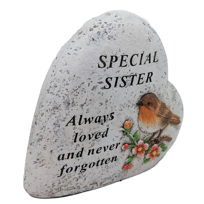 Special Sister Memorial Heart ? Robin & Floral Stone?Effect Graveside Ornament | Tribute Plaque
