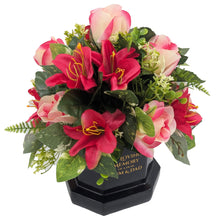 Load image into Gallery viewer, Mum and Dad Memorial Red Pink Rose Lily Flower Pot With Artificial Flower Arrangement Graveside Tribute