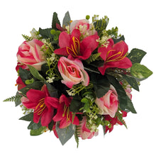 Load image into Gallery viewer, Mum and Dad Memorial Red Pink Rose Lily Flower Pot With Artificial Flower Arrangement Graveside Tribute