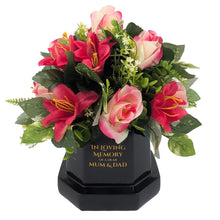 Load image into Gallery viewer, Mum and Dad Memorial Red Pink Rose Lily Flower Pot With Artificial Flower Arrangement Graveside Tribute