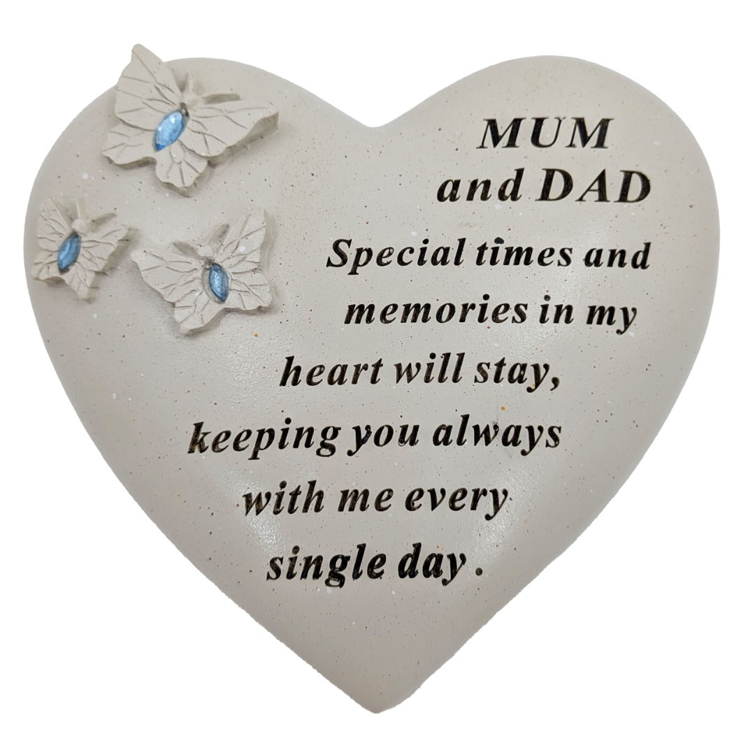 Mum & Dad Memorial Heart Ornament with Butterflies & Blue Gemstones ? Graveside or Garden Remembrance Plaque