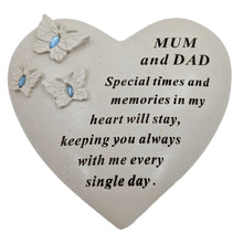 Load image into Gallery viewer, Mum &amp; Dad Memorial Heart Ornament with Butterflies &amp; Blue Gemstones ? Graveside or Garden Remembrance Plaque
