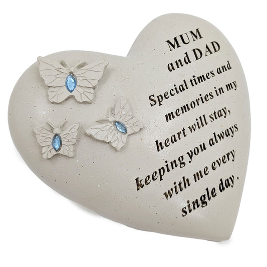 Mum & Dad Memorial Heart Ornament with Butterflies & Blue Gemstones ? Graveside or Garden Remembrance Plaque