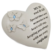 Load image into Gallery viewer, Mum &amp; Dad Memorial Heart Ornament with Butterflies &amp; Blue Gemstones ? Graveside or Garden Remembrance Plaque
