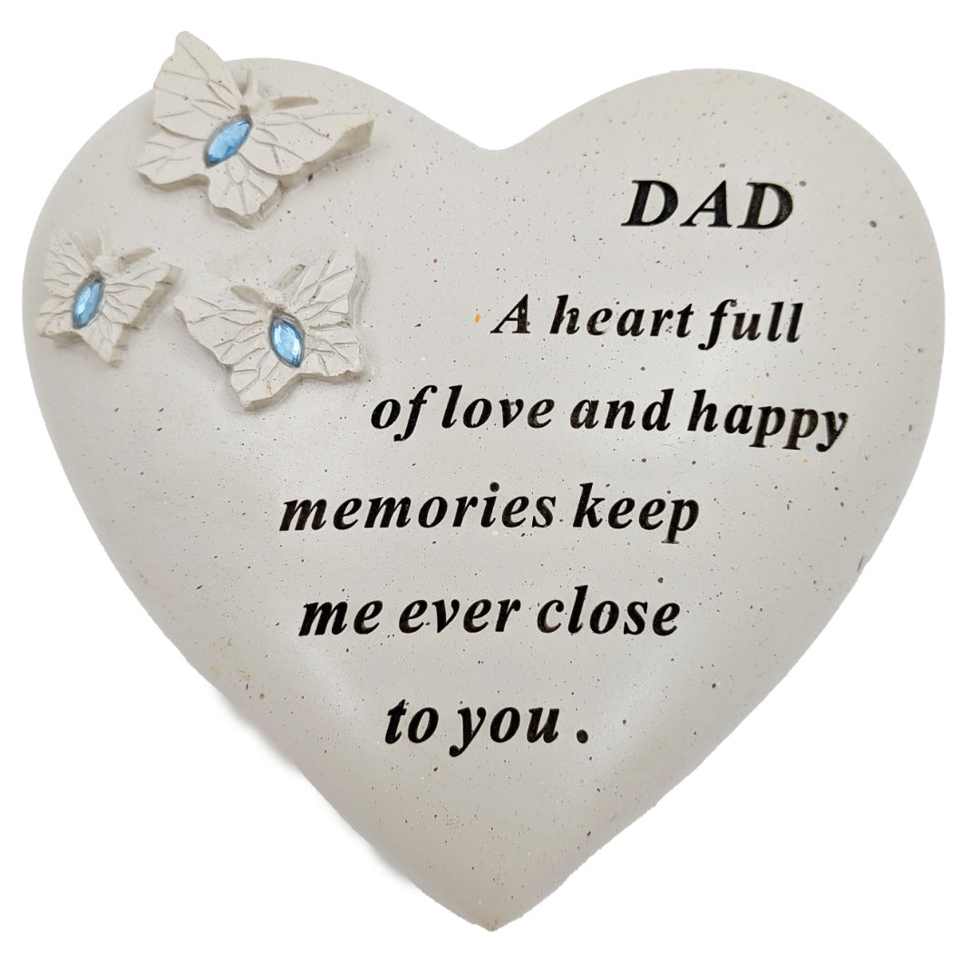 Dad Memorial Heart Ornament with Butterflies & Blue Gemstones Graveside or Garden Remembrance Plaque