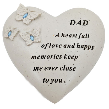 Dad Memorial Heart Ornament with Butterflies & Blue Gemstones Graveside or Garden Remembrance Plaque