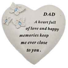 Load image into Gallery viewer, Dad Memorial Heart Ornament with Butterflies &amp; Blue Gemstones Graveside or Garden Remembrance Plaque