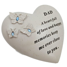 Load image into Gallery viewer, Dad Memorial Heart Ornament with Butterflies &amp; Blue Gemstones Graveside or Garden Remembrance Plaque