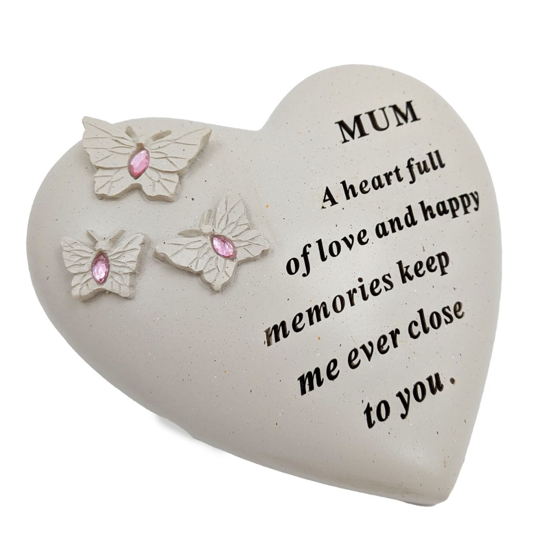 Mum Memorial Heart Ornament with Butterflies & Pink Gemstones Graveside or Garden Remembrance Plaque