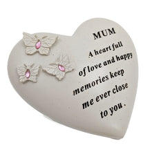 Load image into Gallery viewer, Mum Memorial Heart Ornament with Butterflies &amp; Pink Gemstones Graveside or Garden Remembrance Plaque