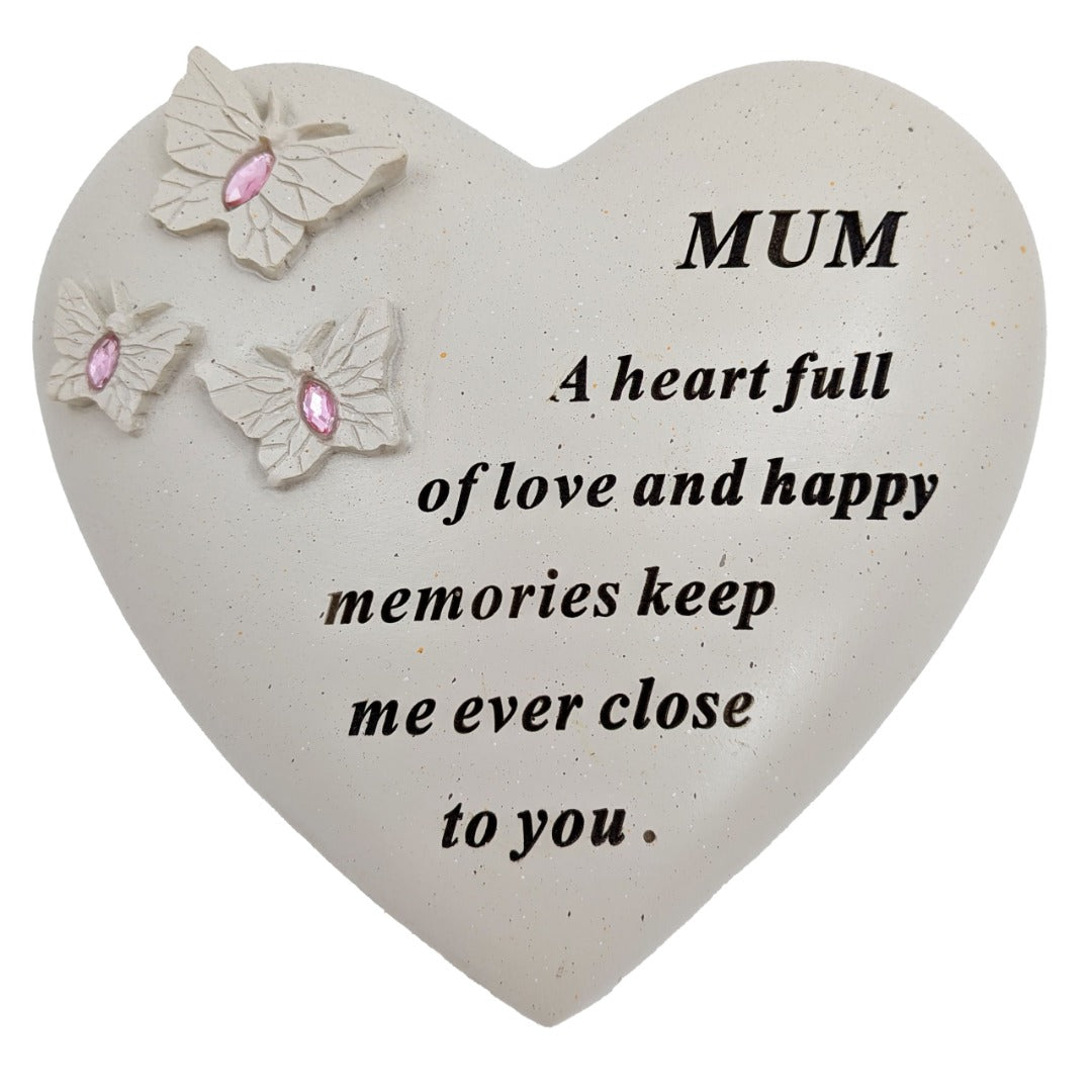 Mum Memorial Heart Ornament with Butterflies & Pink Gemstones Graveside or Garden Remembrance Plaque