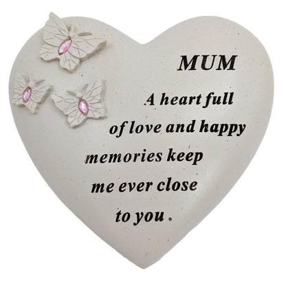 Mum Memorial Heart Ornament with Butterflies & Pink Gemstones Graveside or Garden Remembrance Plaque