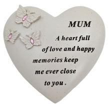 Load image into Gallery viewer, Mum Memorial Heart Ornament with Butterflies &amp; Pink Gemstones Graveside or Garden Remembrance Plaque