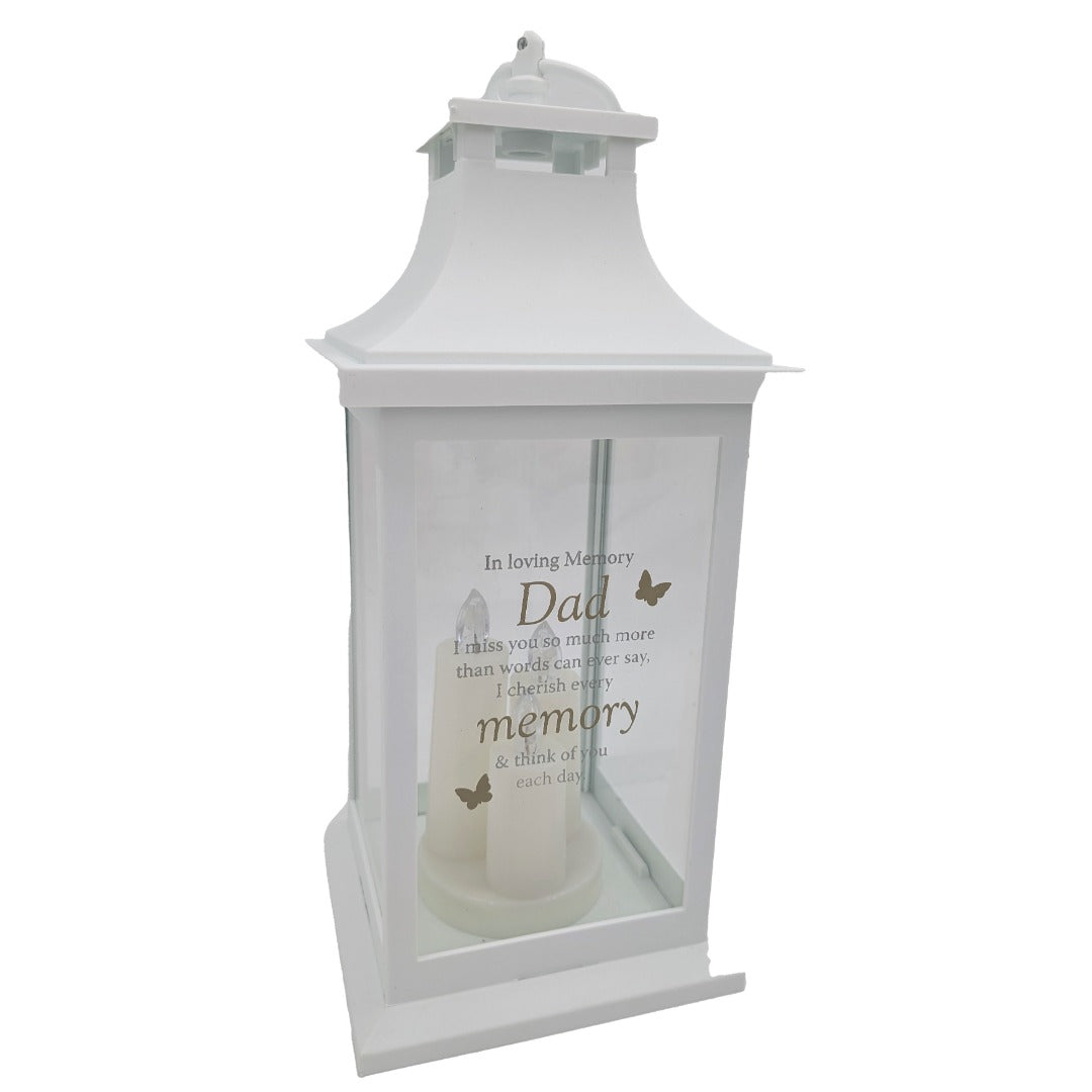 Dad Memorial LED Lantern In Loving Memory White Graveside Grave Memorial Light with 3 Candles & Butterflies