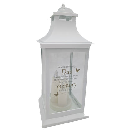 Dad Memorial LED Lantern In Loving Memory White Graveside Grave Memorial Light with 3 Candles & Butterflies