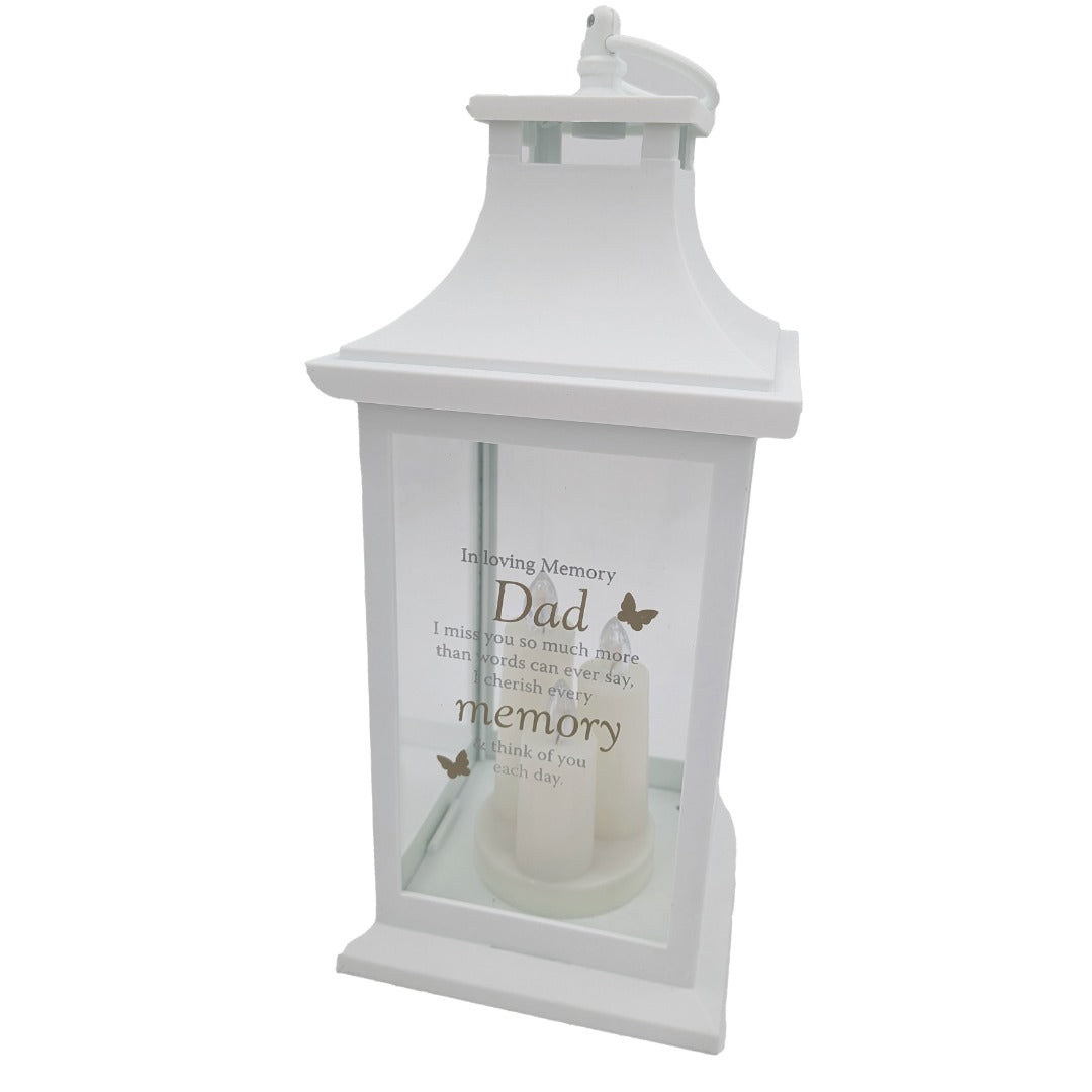 Dad Memorial LED Lantern In Loving Memory White Graveside Grave Memorial Light with 3 Candles & Butterflies