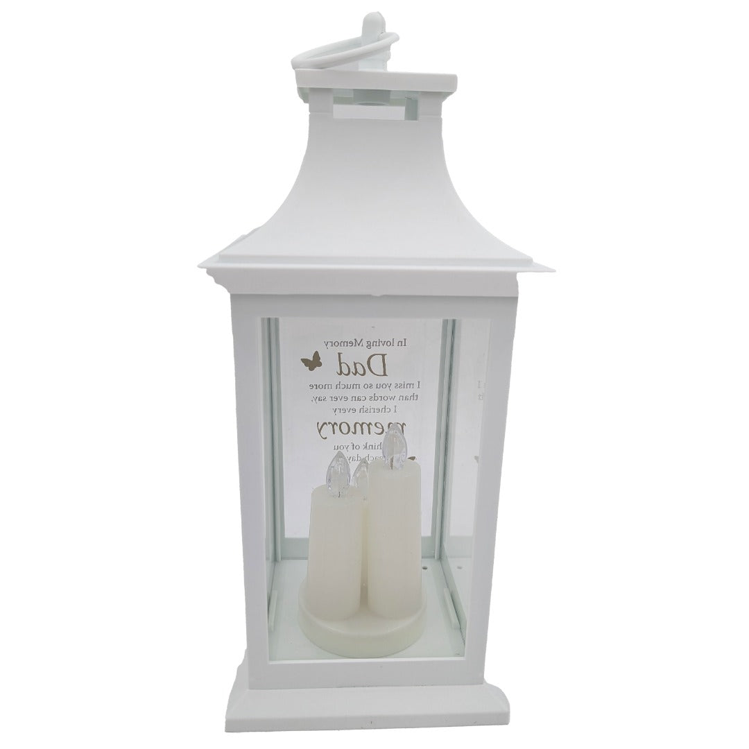 Dad Memorial LED Lantern In Loving Memory White Graveside Grave Memorial Light with 3 Candles & Butterflies