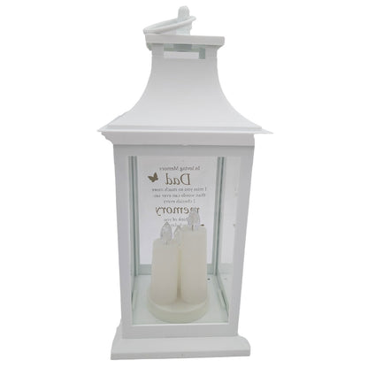 Dad Memorial LED Lantern In Loving Memory White Graveside Grave Memorial Light with 3 Candles & Butterflies