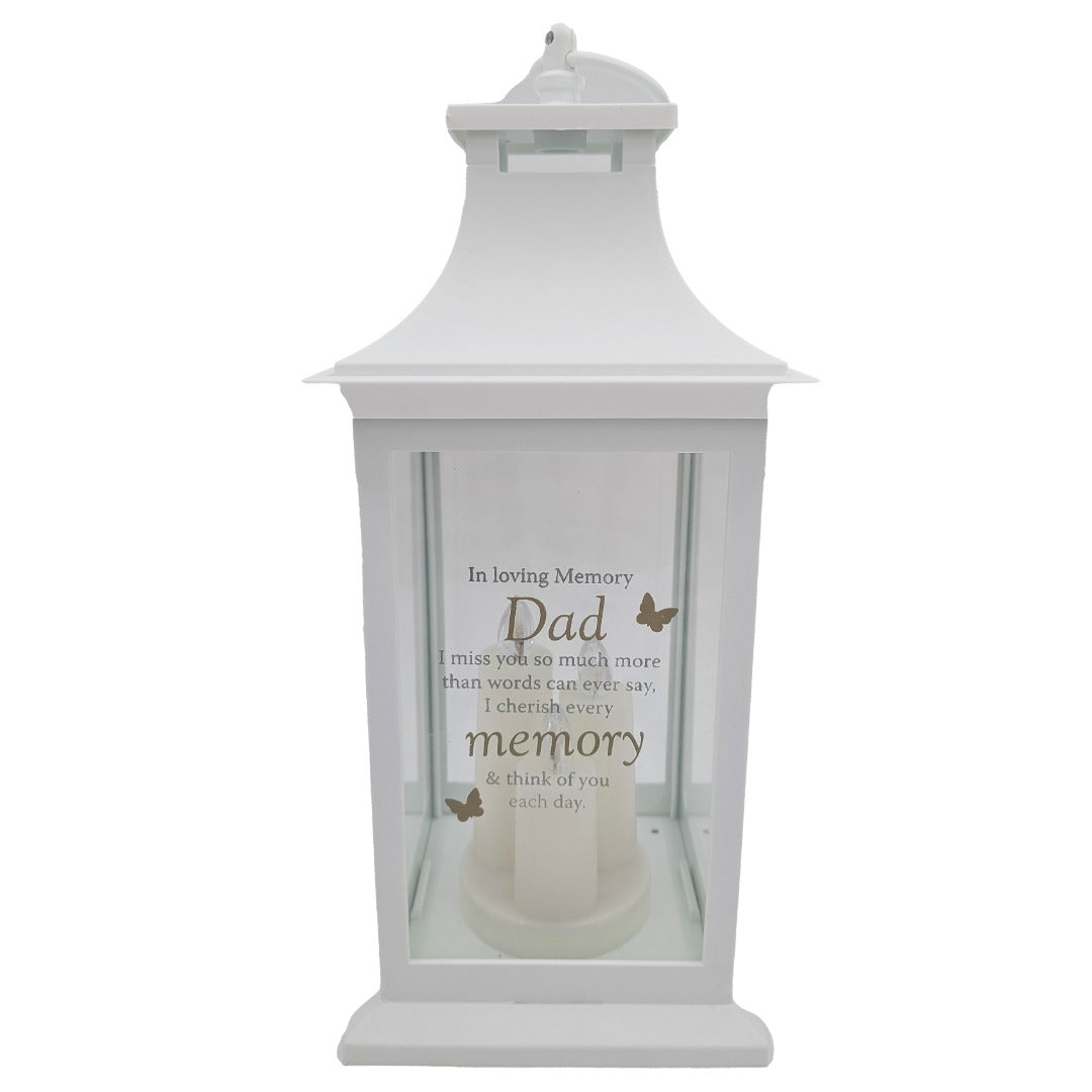 Dad Memorial LED Lantern In Loving Memory White Graveside Grave Memorial Light with 3 Candles & Butterflies