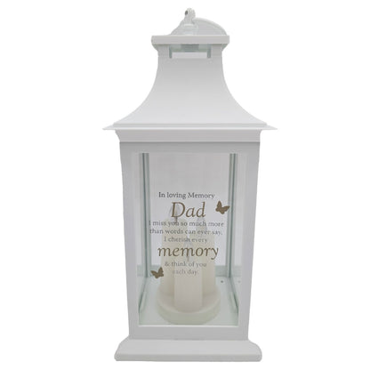Dad Memorial LED Lantern In Loving Memory White Graveside Grave Memorial Light with 3 Candles & Butterflies