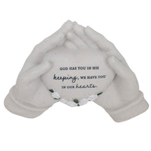 Load image into Gallery viewer, God Has You in His Keeping Memorial Hands Holding Heart Graveside or Garden Remembrance Ornament Plaque