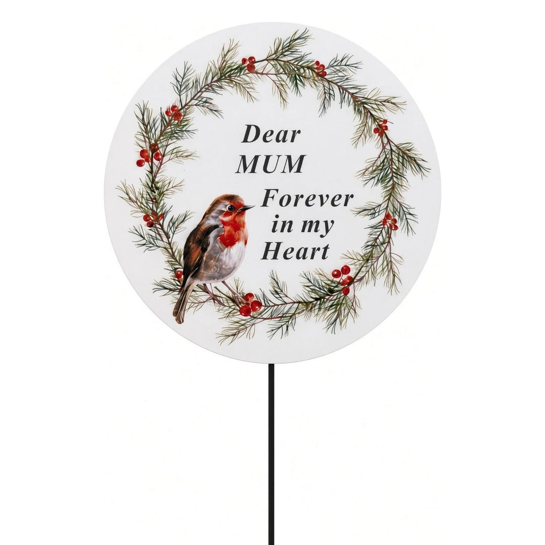Mum Memorial Christmas Wreath Robin Forever in My Heart Tribute Stick