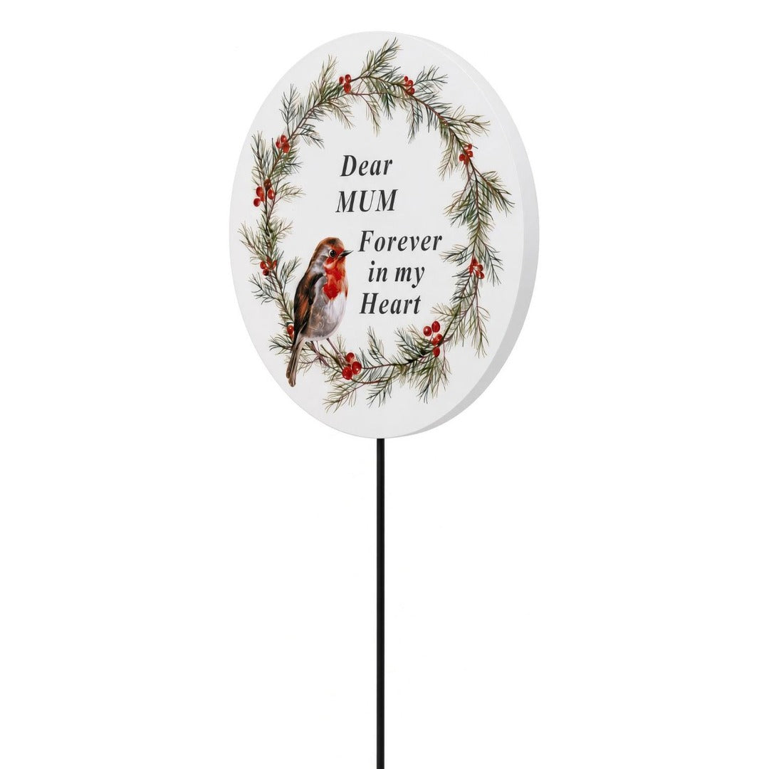 Mum Memorial Christmas Wreath Robin Forever in My Heart Tribute Stick
