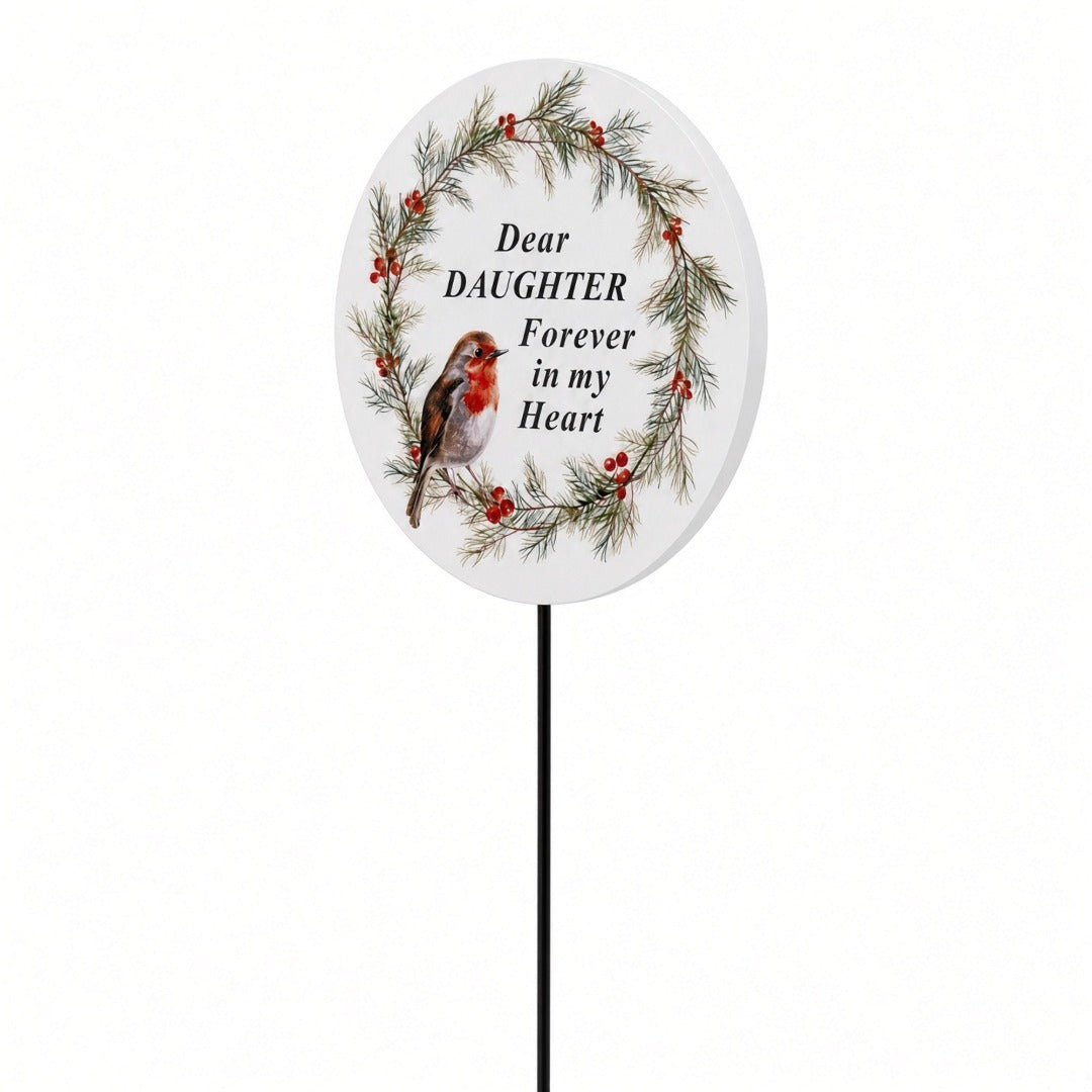 Daughter Memorial Garden Stake Christmas Wreath Robin Forever in My Heart Tribute Stick