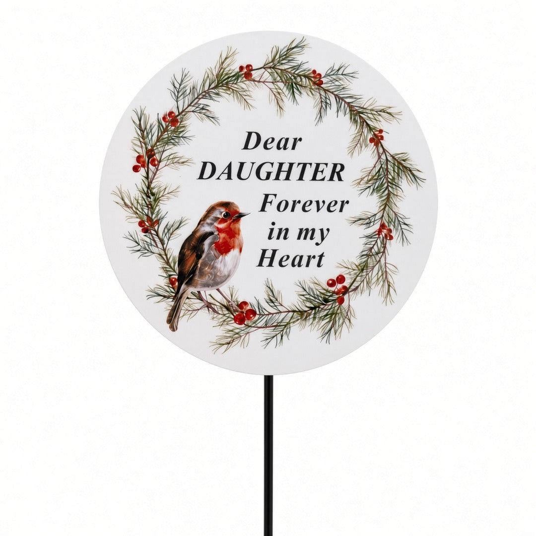 Daughter Memorial Garden Stake Christmas Wreath Robin Forever in My Heart Tribute Stick