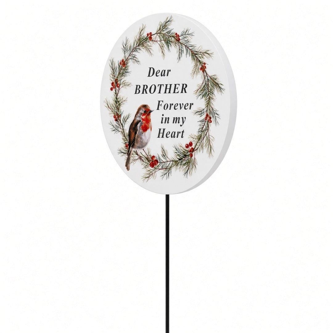 Brother Memorial Garden Stake Christmas Wreath Robin Forever in My Heart Tribute Stick