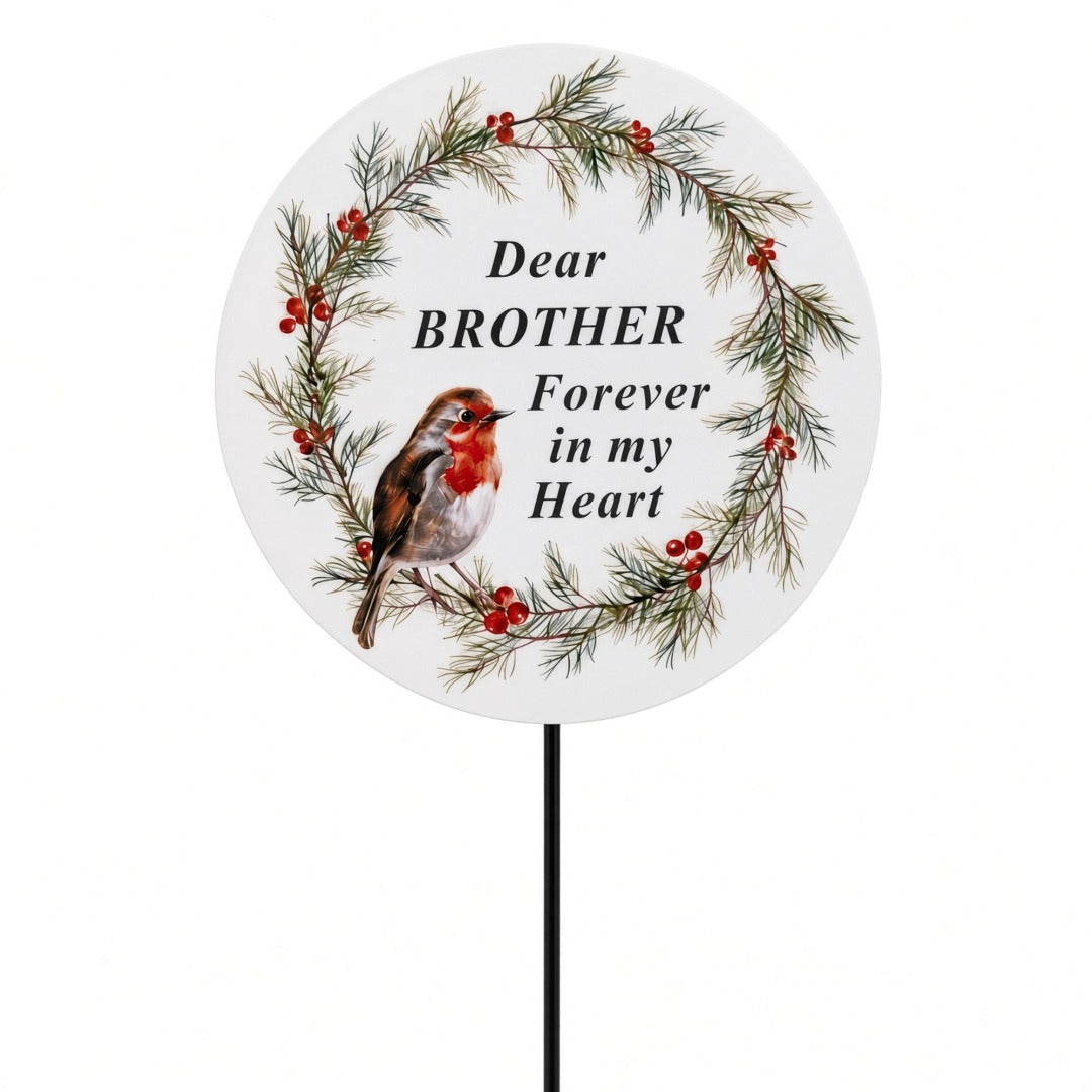 Brother Memorial Garden Stake Christmas Wreath Robin Forever in My Heart Tribute Stick