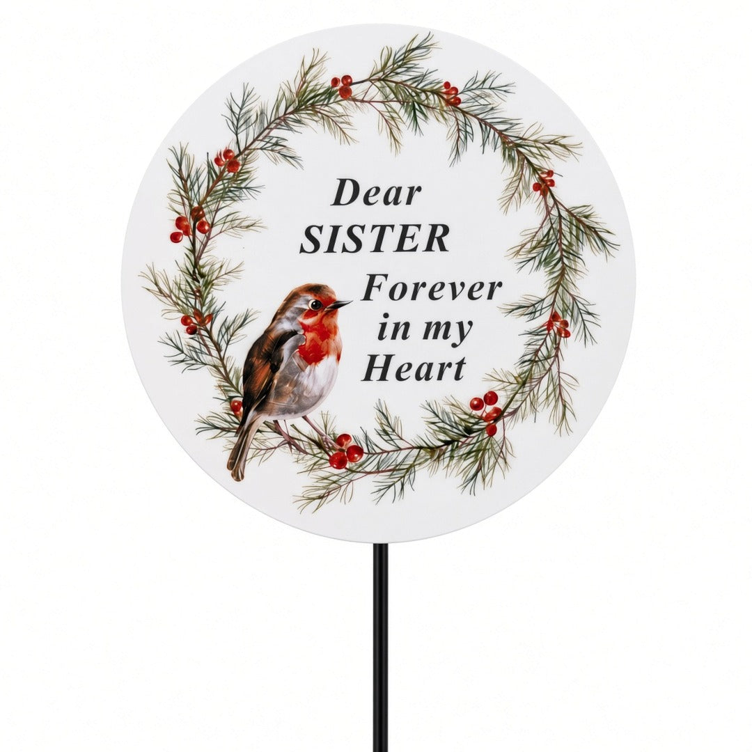 Sister Memorial Garden Stake Christmas Wreath Robin Forever in My Heart Tribute Stick