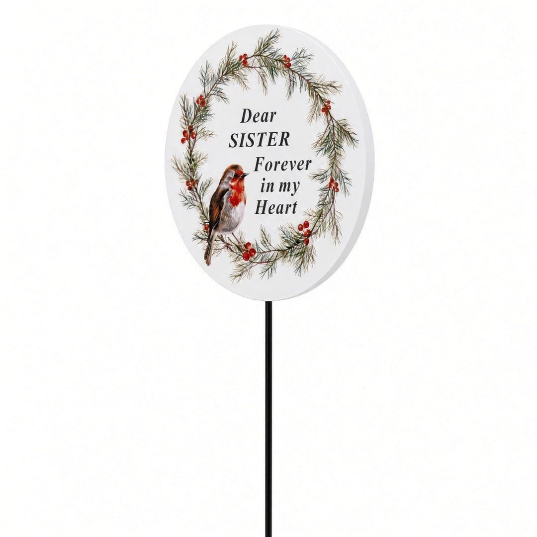 Sister Memorial Garden Stake Christmas Wreath Robin Forever in My Heart Tribute Stick