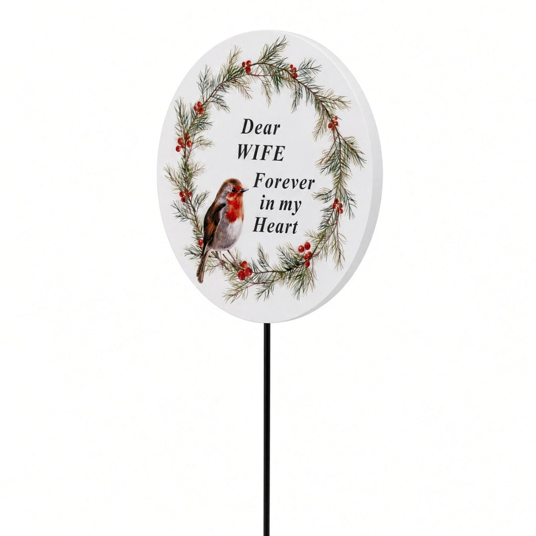 Wife Memorial Garden Stake Christmas Wreath Robin Forever in My Heart Tribute Stick