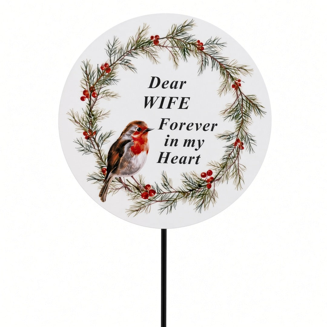 Wife Memorial Garden Stake Christmas Wreath Robin Forever in My Heart Tribute Stick