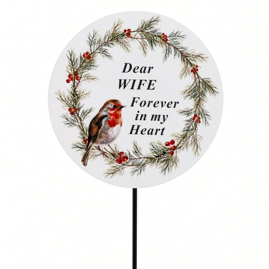 Wife Memorial Garden Stake Christmas Wreath Robin Forever in My Heart Tribute Stick