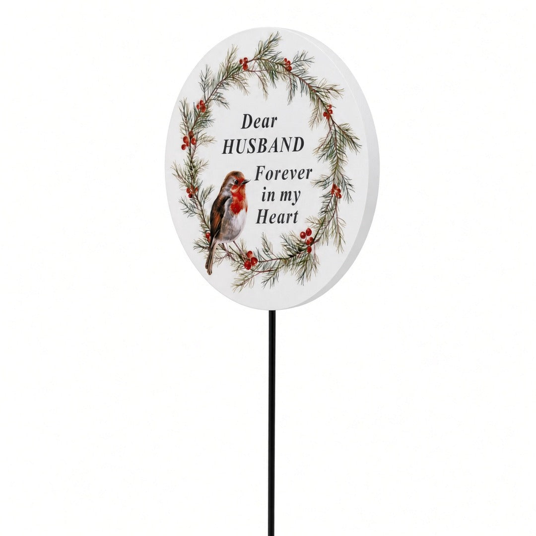 Husband Memorial Garden Stake Christmas Wreath Robin Forever in My Heart Tribute Stick