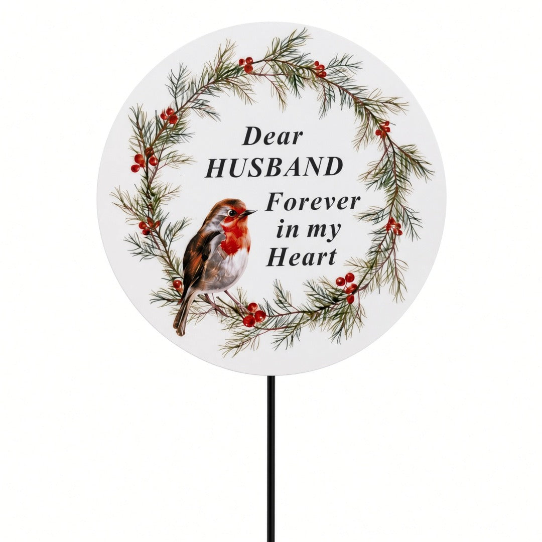 Husband Memorial Garden Stake Christmas Wreath Robin Forever in My Heart Tribute Stick