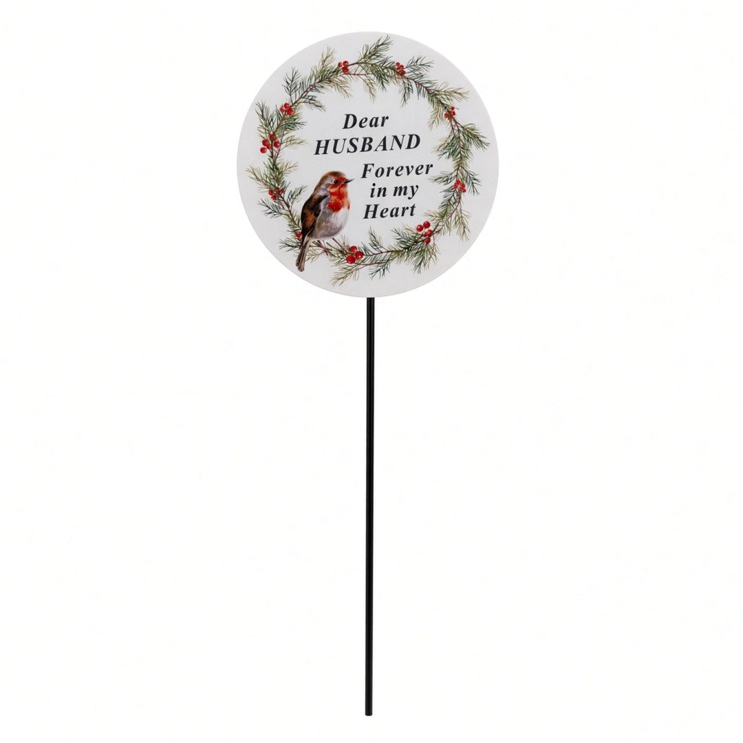 Husband Memorial Garden Stake Christmas Wreath Robin Forever in My Heart Tribute Stick
