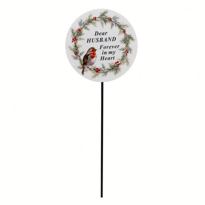 Husband Memorial Garden Stake Christmas Wreath Robin Forever in My Heart Tribute Stick