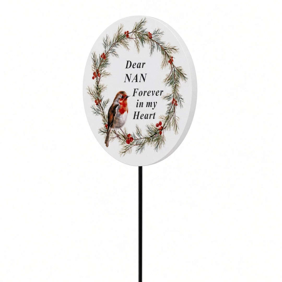 Nan Memorial Garden Stake Christmas Wreath Robin Forever in My Heart Tribute Stick