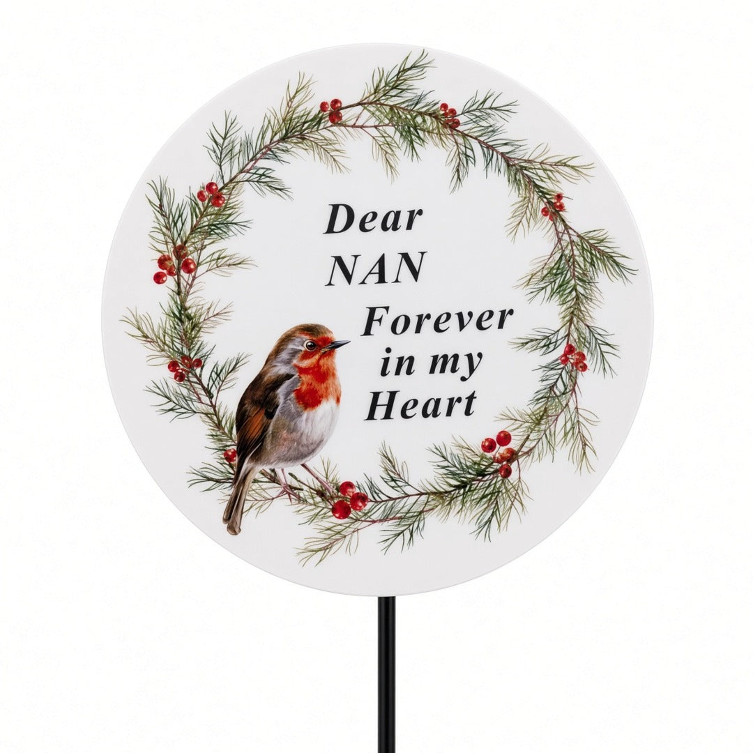 Nan Memorial Garden Stake Christmas Wreath Robin Forever in My Heart Tribute Stick