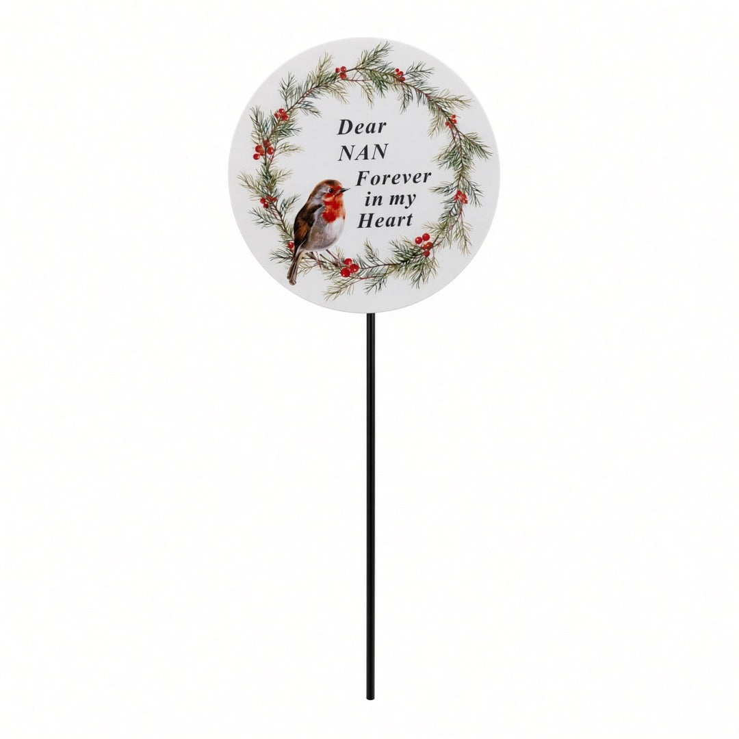 Nan Memorial Garden Stake Christmas Wreath Robin Forever in My Heart Tribute Stick