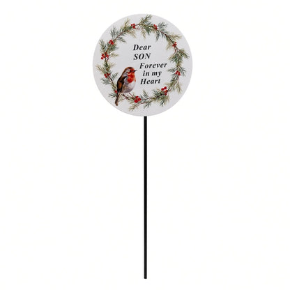 Son Memorial Garden Stake Christmas Wreath Robin Forever in My Heart Tribute Stick